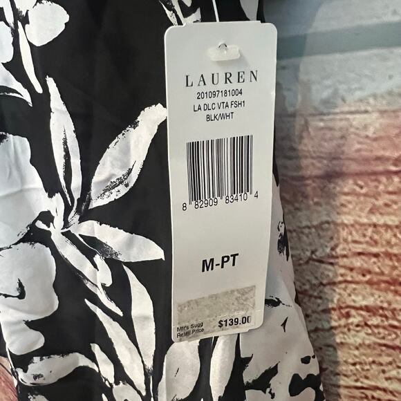 Lauren Ralph Lauren Silk Blouse Medium Petite Floral Black White Flutter Sleeves - Picture 5 of 7